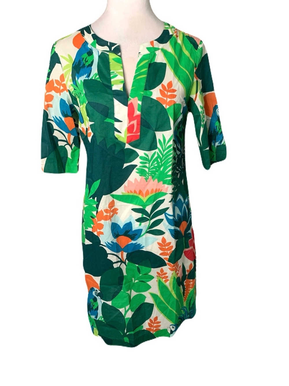 Boden 4L Multicolor Green Tropical Floral Bird Print V Jodie Kaftan Tunic Dress